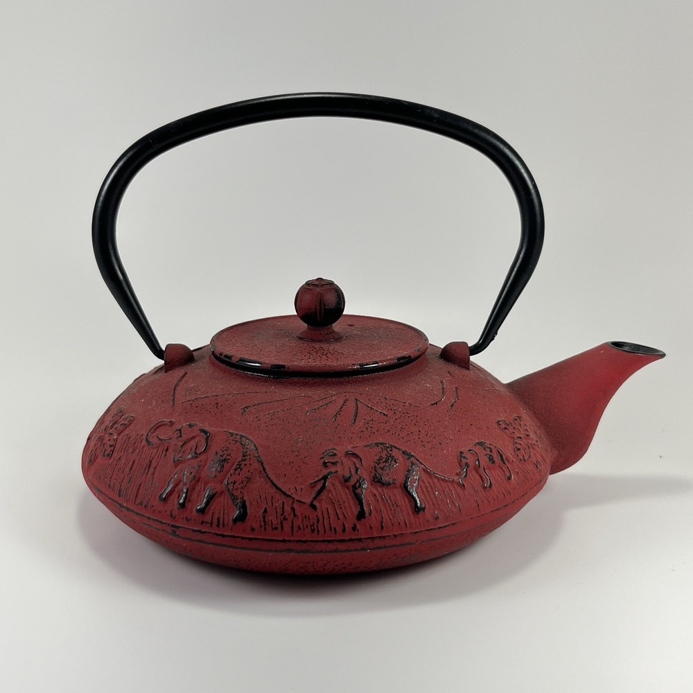 Japanese Teapot Red Cast Iron Asian Elephants Enameled Tetsubin Tetsu Tea Pot - Picture 2 of 11